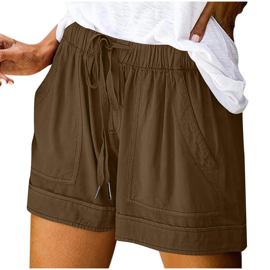 Women's Summer Large Size Loose Solid Color Drawstring Lace-Up Pocket Casual Shorts Women