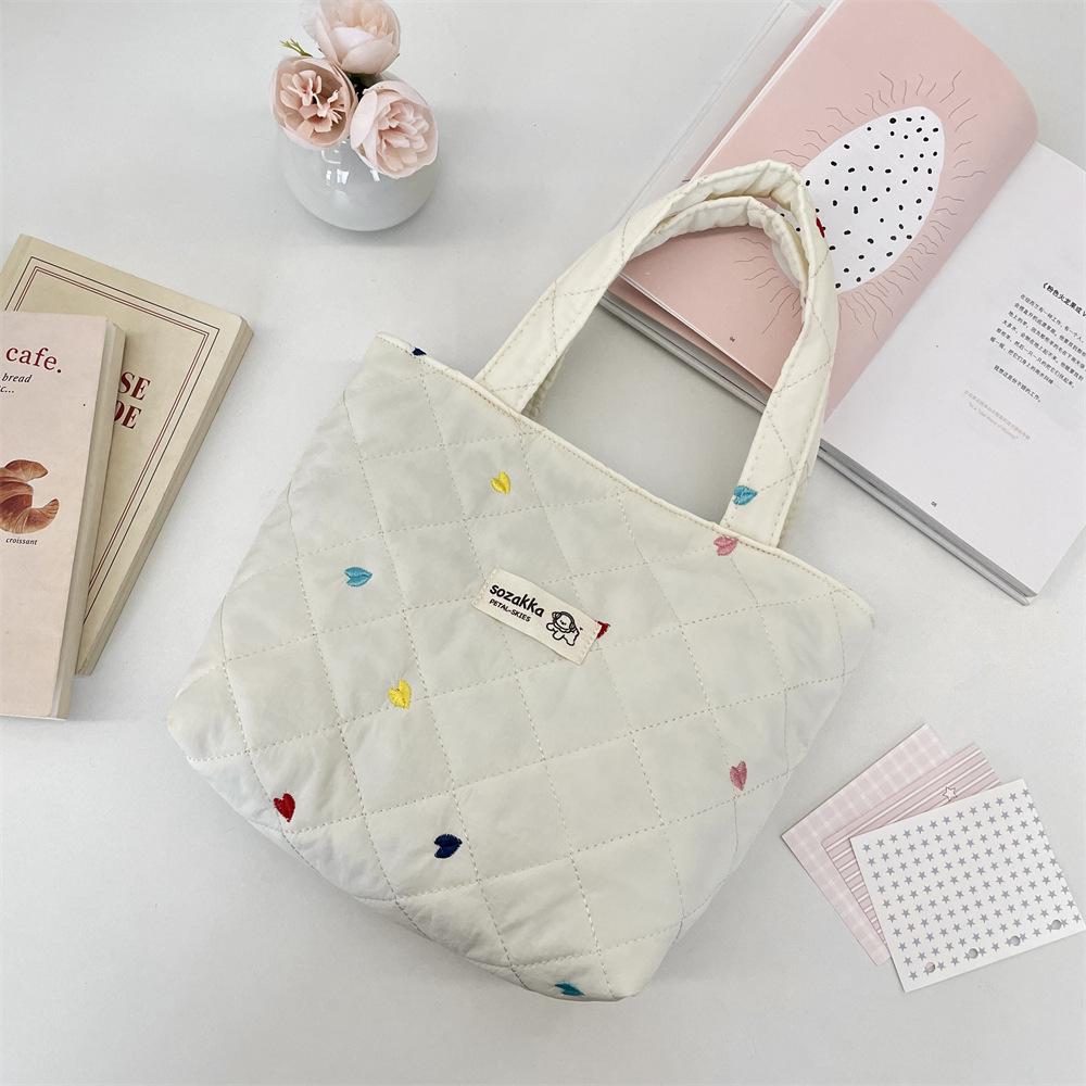 Korean Style Quilted Bow Embroidery Handheld Canvas Handbag for Women 2026 New