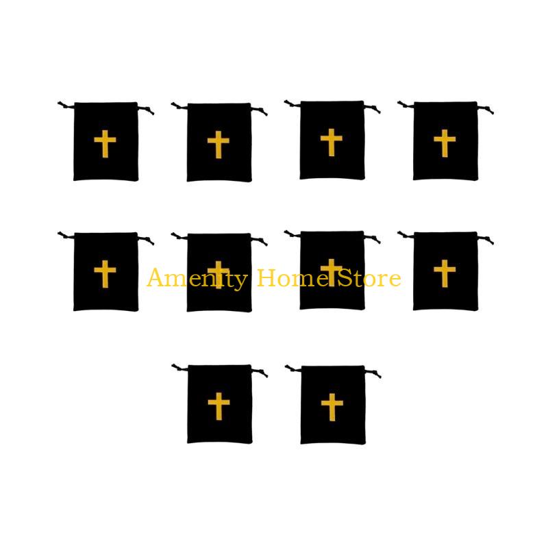 

F26C Pack Of 10 Velvets Drawstring Bags Rosary Bags Jewelry Gift Pouches Featurings Crosses Designs For Jewelry Storage