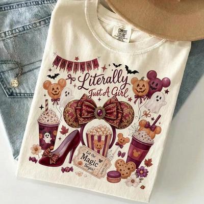 Literally Just A Girl Shirt, Retro Disney Halloween T-Shirt, Cute Coquette Mickey Pumpkin Ghost Tee, Magical Vacation Comfort Colors