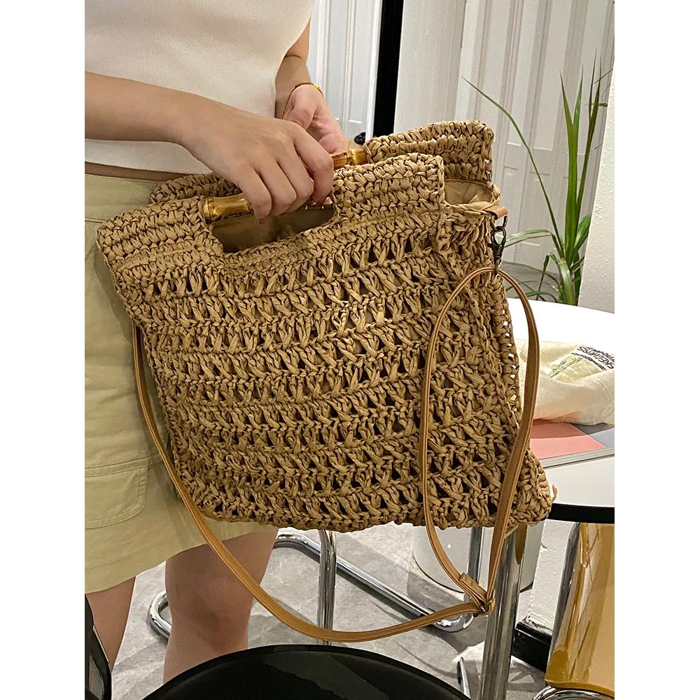 Bambusgriff Stroh Handtasche Handgefertigt Gewebte Strandtaschen für Damen Papierseil Stricken Rattan Tasche Quadratische Schultertasche Umhängetasche