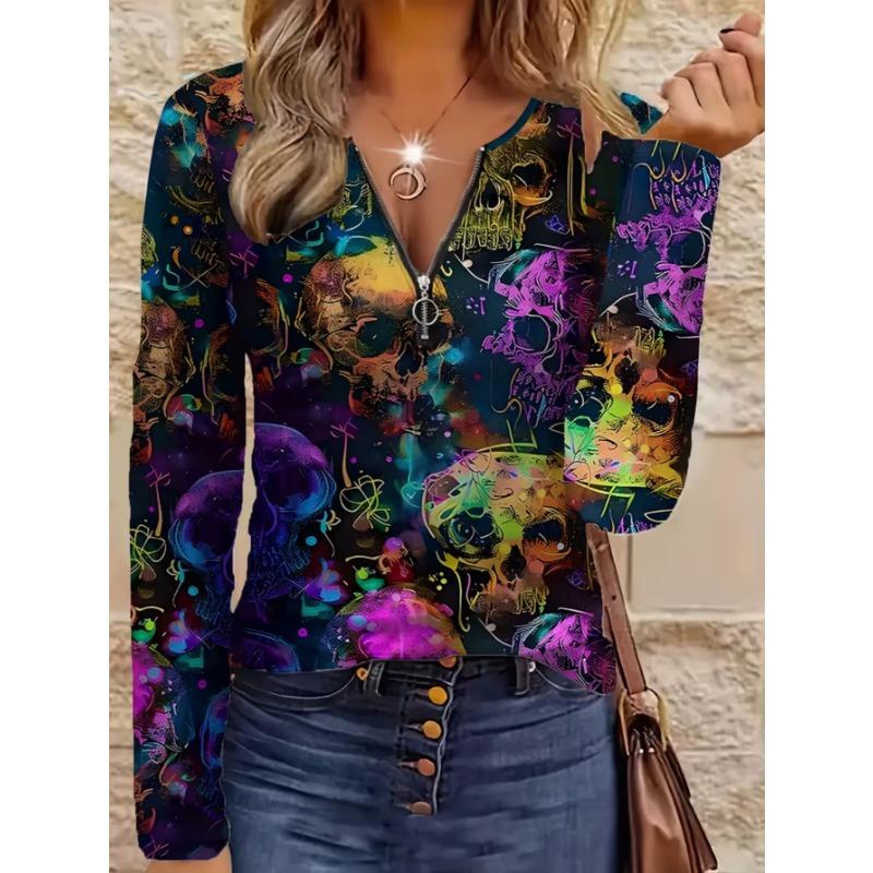 Women's Elegant Printed Zipper Long-sleeved Top, Stylish and Versatile for Autumn and Winter Casual and Office Wear, Machine Washable