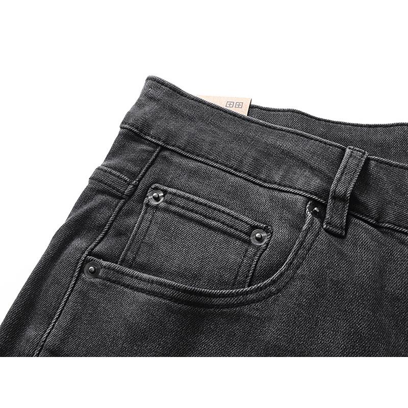 Men's Black Washed Distressed Straight Leg Jeans, Ripped Patchwork Denim Pants