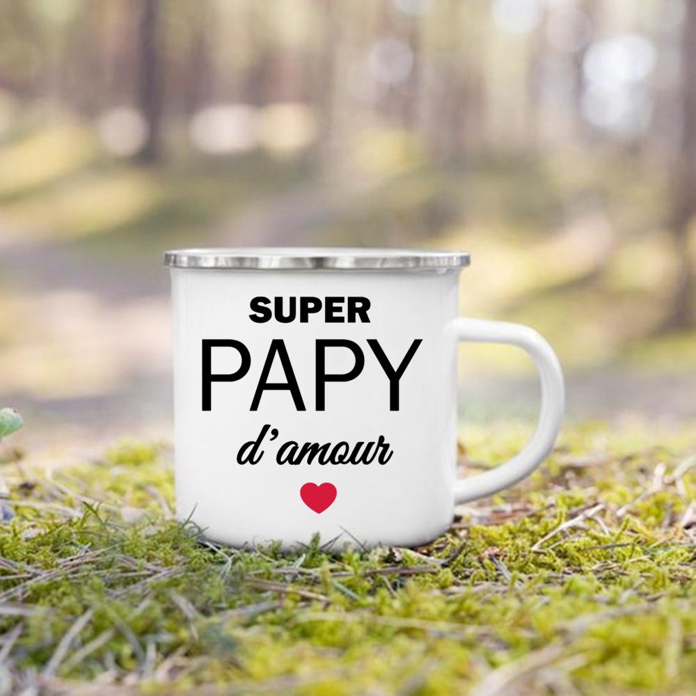 Super Papy Mamie Print Enamel Mug Creative Coffee Cups Drinks Water Milk Cup Enamel Mug Home Drinkware Gifts for Grandma Grandpa