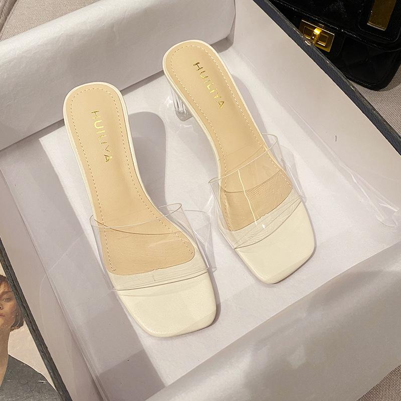 

Прозрачные туфли на высоком каблуке с ремешком из одного слова, крутые шлепанцы, женская летняя обувь 7 см, сандалии женские 2025 новые хрустальные шлепанцы 832-1 40 абрикосовый