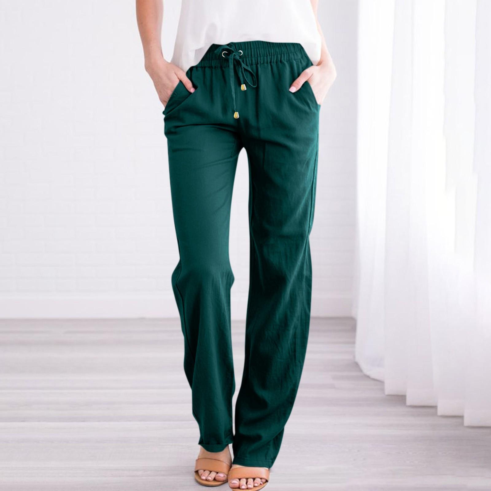 

Женские повседневные хлопковые и льняные однотонные длинные прямые брюки с эластичной резинкой на талии S темно-зеленого
