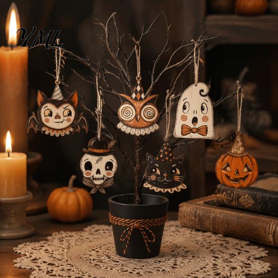 Cute Ghost Pumpkin Decor 6 Pcs Vintage Halloween Wooden Ornaments, Rustic Farmhouse Cat Owl Small Cutouts for Crafts Hanging Decorations Tree