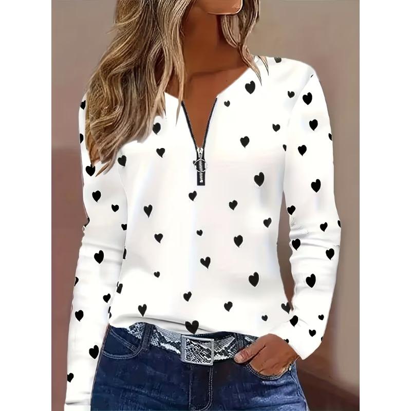 Ladies' 3D Printed V-neck Zipper T-shirt with Glossy Long Sleeved Top and Half Zipper Long Sleeved T-shirt