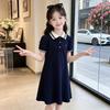 Girls Polo Collar Dress Kids Short Sleeve A-Line Princess School Style 8 Years Old