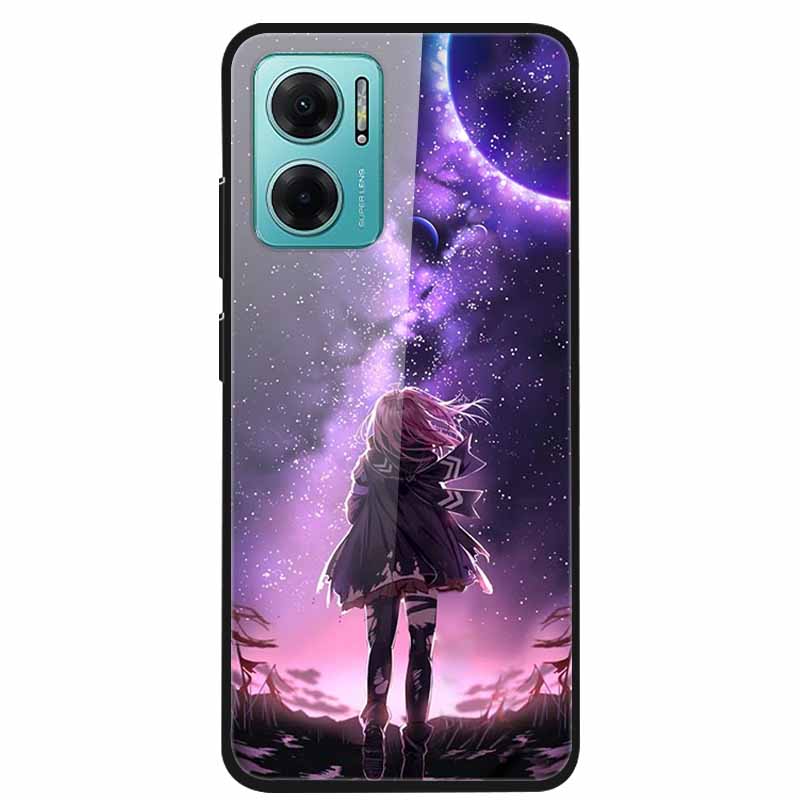 Case For Xiaomi Redmi Note 11E Luxury Tempered Glass Hard Back Cover For Redmi Note 11E Capa Shockproof Flower Funda Wolf Coque