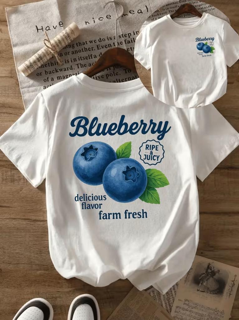 Men's Cotton T-shirt Summer Casual Graphic Tee Short Sleeve Women'S Casual Short Sleeve T-Shirt - Blueberry Ripe & Print, White Round Unisex,gift,Top