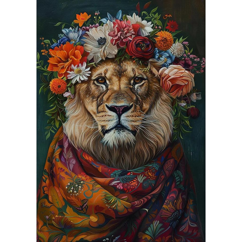 Vintage Maximalist Floral Wild Animal Canvas Painting Lion Owl Peacock Wolf Flower Poster Print Wall Art Picture Home Decor