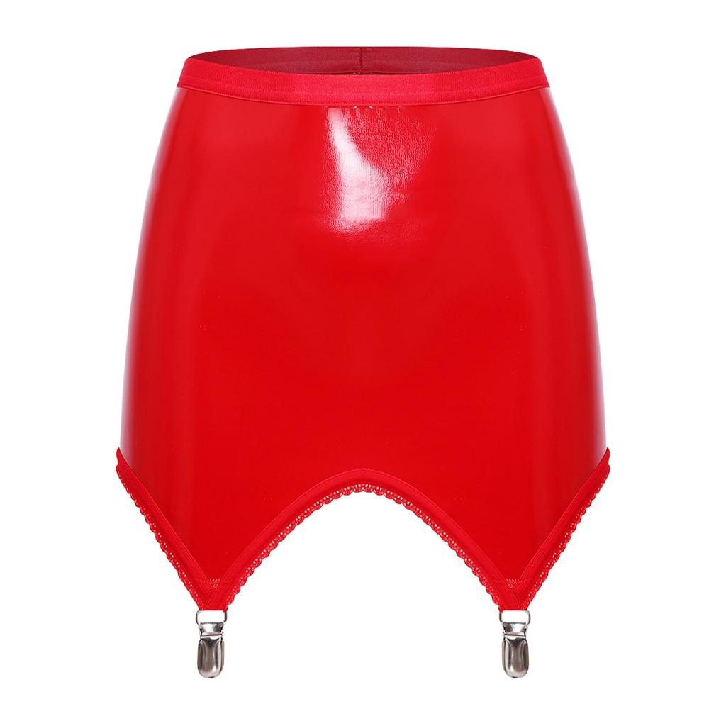 Minifalda Bodycon Brillante de PU para Mujer con Pinzas para Medias Integradas Cintura Alta Efecto Mojado Elástica