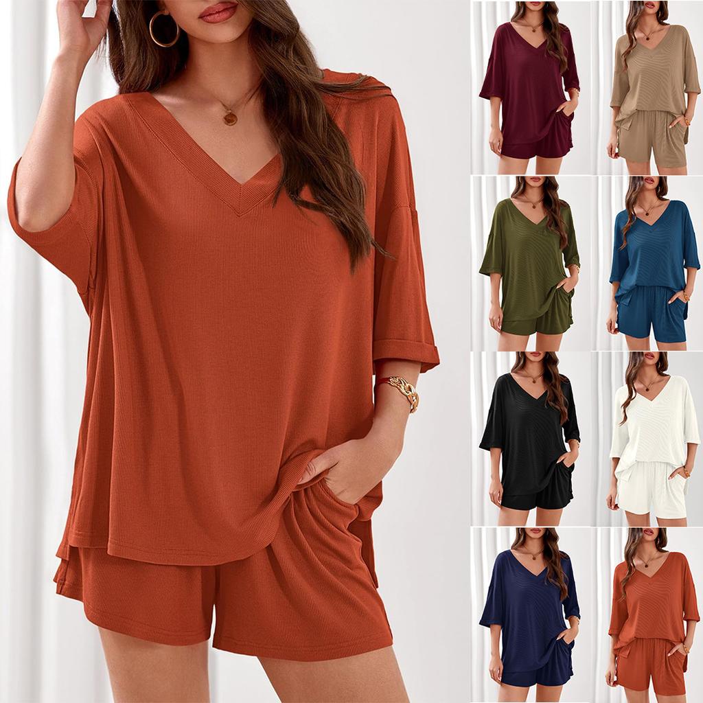 2026 Xun New Women's Two-piece Loose V-neck Half-sleeved Top Shorts Casual Suit