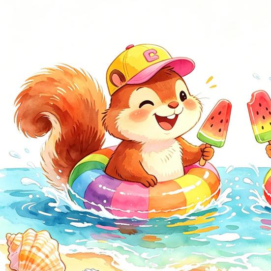 Summer Window Clings Pool Party Theme Cartoon Squirrel Window Decal Removable Static PVC Glass Sticker for Beach Party Supplies Home Office Decor