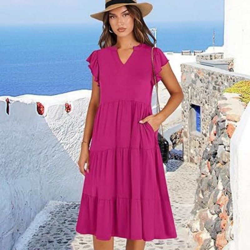 Women's V-neck, Ruffled Sleeve, Mid-length, Patchwork, Wide Skirt, Pocket Dress