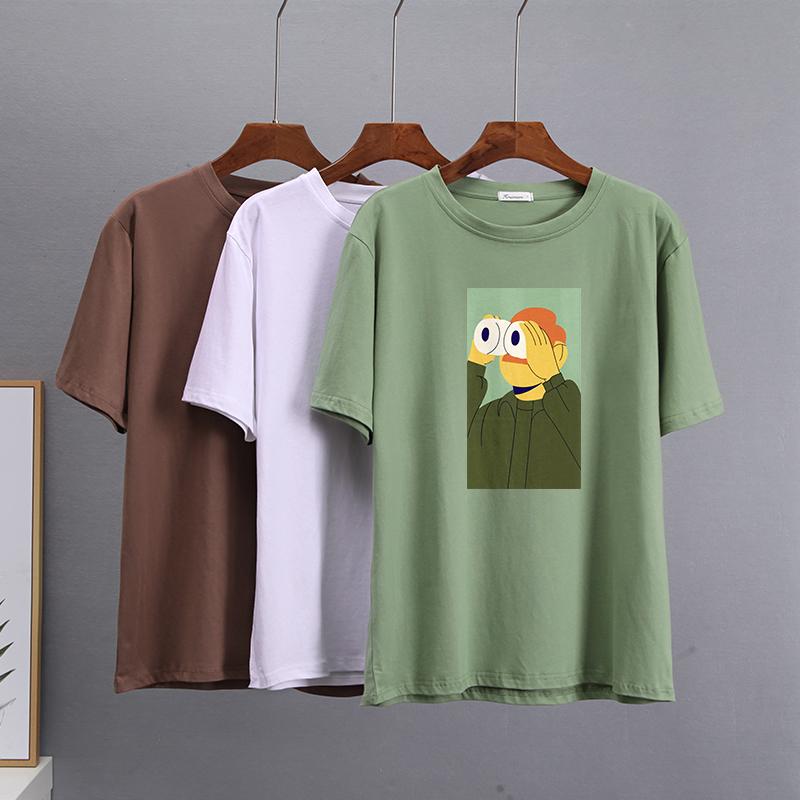 Hirsionsan Nya roliga tecknade T-shirts Kvinnor Kawaii Casual Oversized Tees Par Mjuk bomull O-hals Kvinnliga Grafiska Toppar