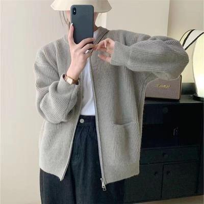 Strickjacke Pullover Solide Faul Tasche Zipper Stricken Mantel Frühling und Herbst O Hals Langarm Pullover Overlay Strickjacke Weibliche Tops