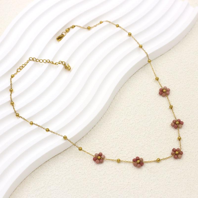 Stainless Steel and Natural Stone Gemstone Beaded Flower Necklace for Women