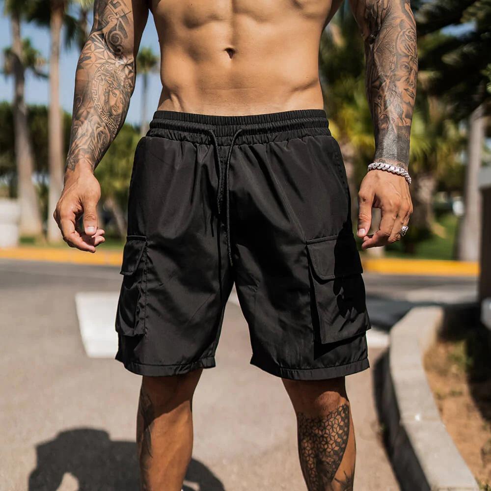 

Мужские спортивные повседневные шорты с мышцами, летние свободные быстросохнущие брюки размера плюс 5 дюймов, с большими карманами, впитывающие пот шорты для фитнеса и пешего туризма XXL чёрный