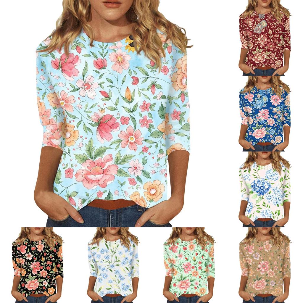 Damen Casual Oberteil mit Blumendruck 3/4 Ärmel Rundhalsausschnitt Leichter weicher Stoff Bequeme Passform Stilvolles Design für den Alltag