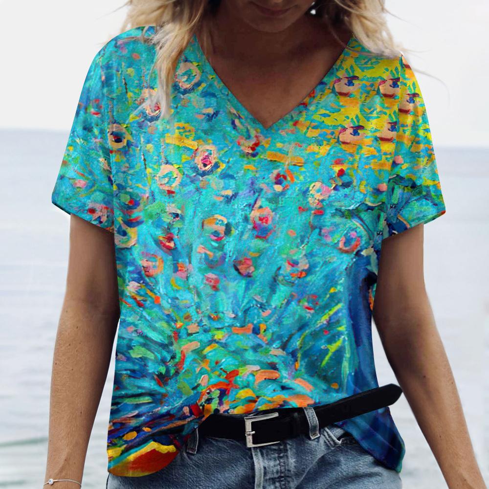 Новые яркие женские футболки с принтом павлиньего пера размера плюс — фото 8