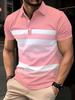 Men's Summer Pink and White Gradient Striped Patchwork Lapel Short-sleeved T-shirt