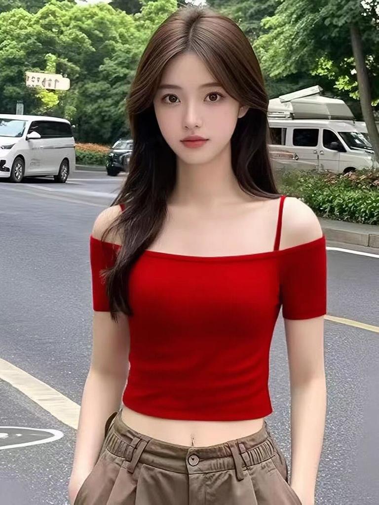 Summer New Off-the-shoulder Suspender Short-sleeved T-shirt Female Slim and Thin One-word Shoulder Short Sexy Belly Button Top Trendy