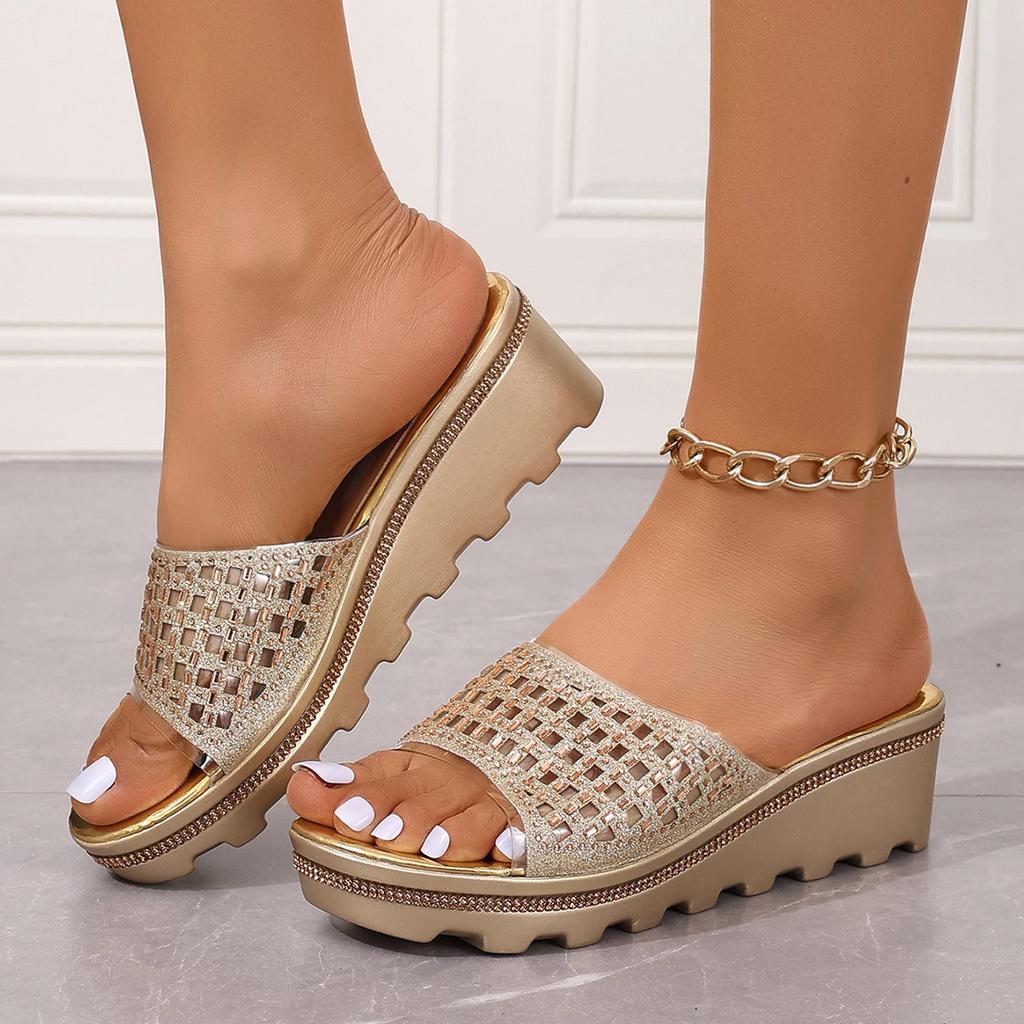 Elegant Narrow Band Clip Toe Shoes Ladies Rhinestone Hollow Thick Bottom Outside Wear Slope With Large Size