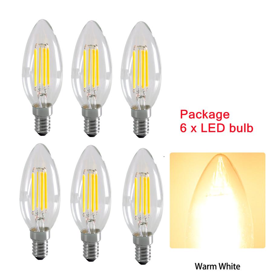 VnnZzo 6pcs/lot E14 LED Bulb Filament Candle Lamp C35 Edison Vintage Style Cold/Warm White 2W/4W/6W Chandelier Light AC220V