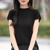 Summer Lightweight Knitted Base Short-sleeved Women's High-neck Lace Crochet Openwork Solid-color Loose Sleeve T-shirt