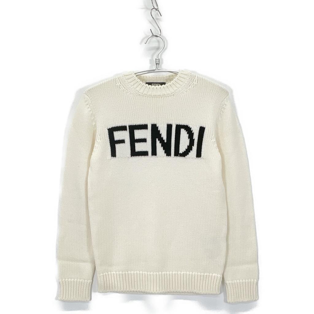 FENDI FZZ387 A3M3 Ivory x Black Wool Front Logo Crew Neck Knit Pullover tops 44 Ivory / BlackUsed