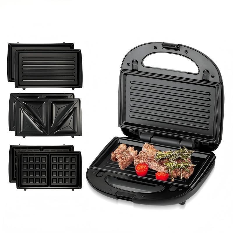 3-in-1 Non-stick Sandwich, Waffle, and Grill Maker with Detachable Plates