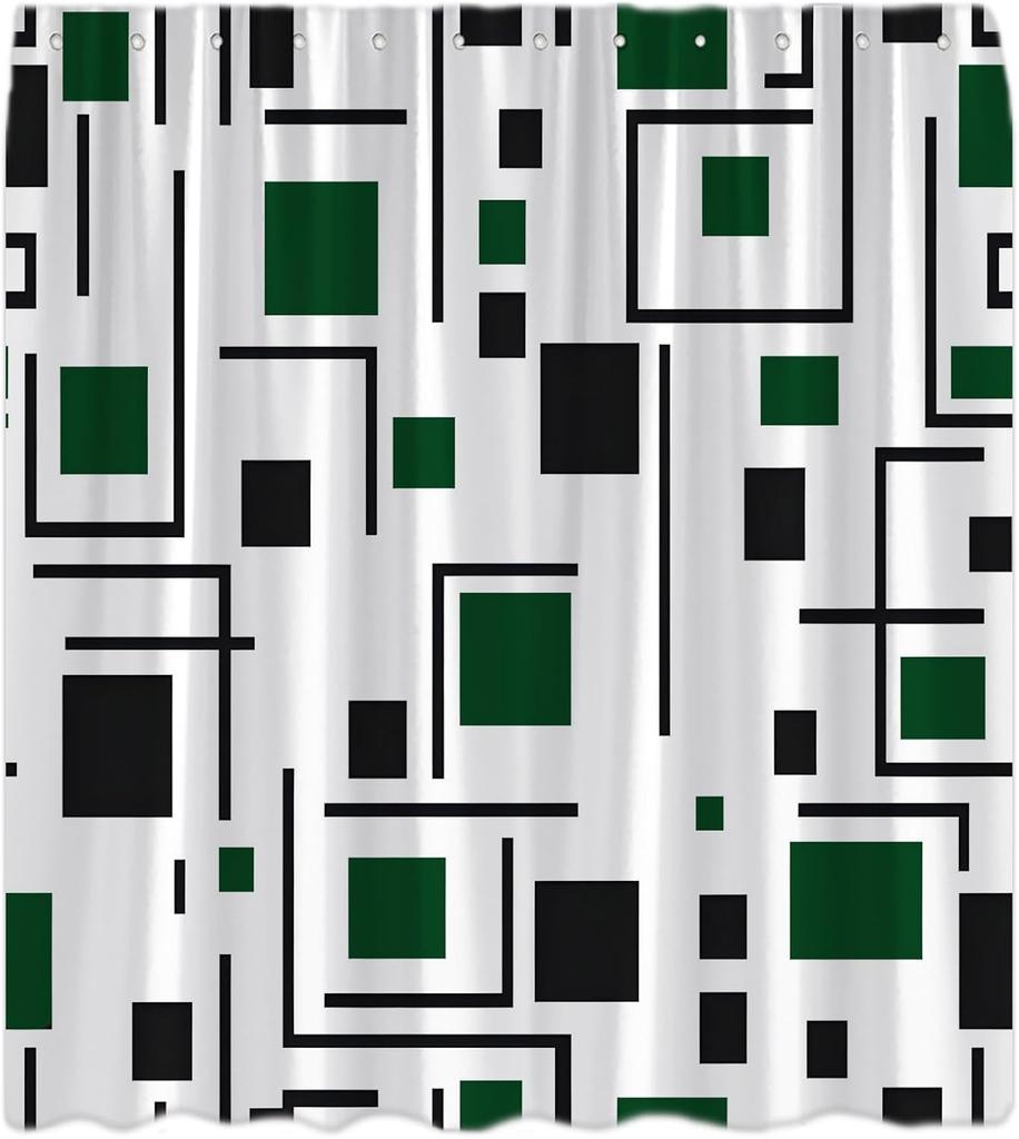 Green Shower Curtain Modern Black and White Abstract Geometric Stripe Rectangular Minimalist Art Aesthetic Bath Curtain