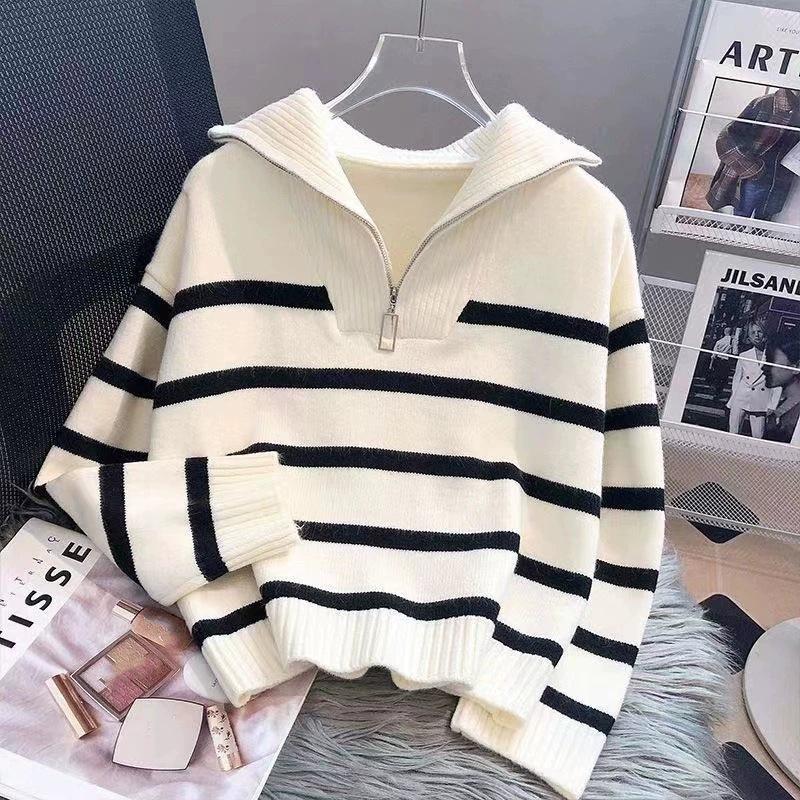 

Autumn and winter loose fashion lapel contrasting color casual wear premium half zipper striped pullover knitted sweater women One size