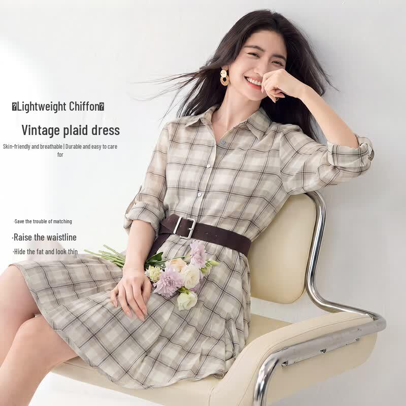 

Retro Hong Kong Style Plaid Shirt Dress XL