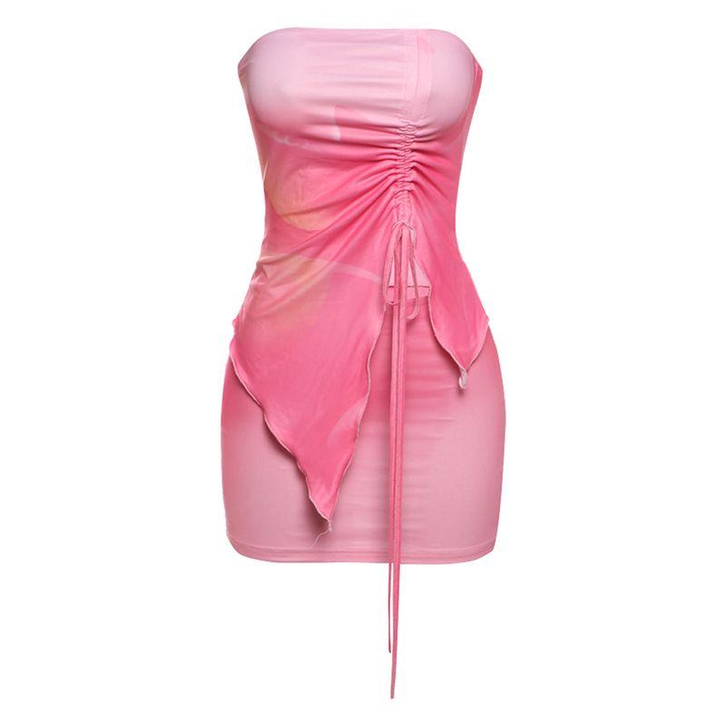 

# Sisjuly# Fashion Island Vacation Style Chic Florals Print Gradient Pink Tube Top Mid-Length Dress Set Female Fashion Pink S