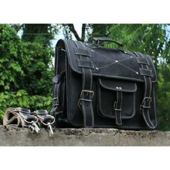 Handgefertigter Vintage-Laptop-Kurierrucksack aus schwarzem Leder, Satchel-Aktentasche