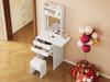 Small vanity table with adjustable LED lighting, incl. 1 stool, 2 drawers, two open compartments with 25cm foldable table top, White, 75x156x45 cm