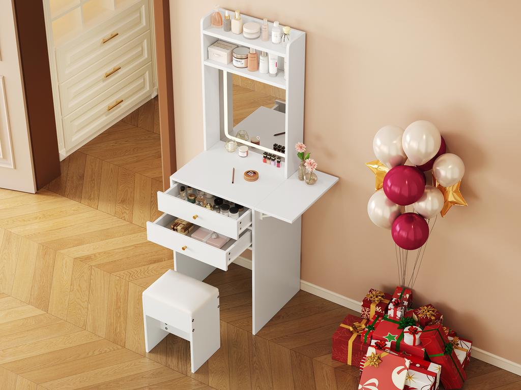 Small vanity table with adjustable LED lighting, incl. 1 stool, 2 drawers, two open compartments with 25cm foldable table top, White, 75x156x45 cm