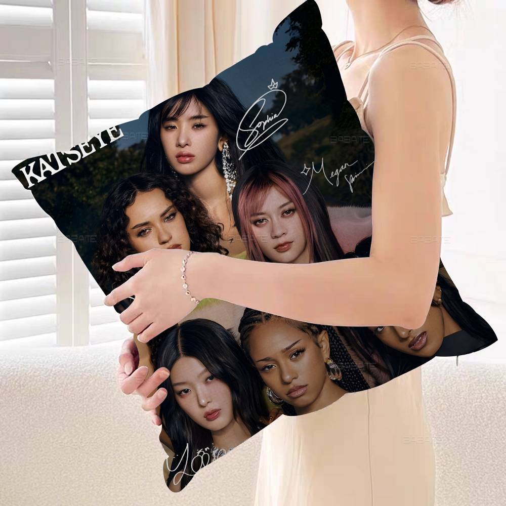 Korea Kpop Band K-Katseye Pillow Covers Cartoon Sofa Decorative Home Double-sided Printing Short Plush Cute Cushion Cover