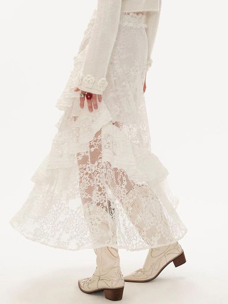 Women's Lace Skirt White Y2k Vintage Elegant Mid-length Skirt Ruffled Elastic Waist Korean Fashion Clothing
