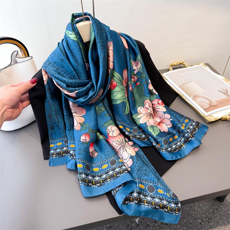 Spring And Summer Simulation Silky Brocade Fashion Sunscreen Silk Scarf Long Scarf Silky Printed Shawl Versatile Headscarf Scarf
