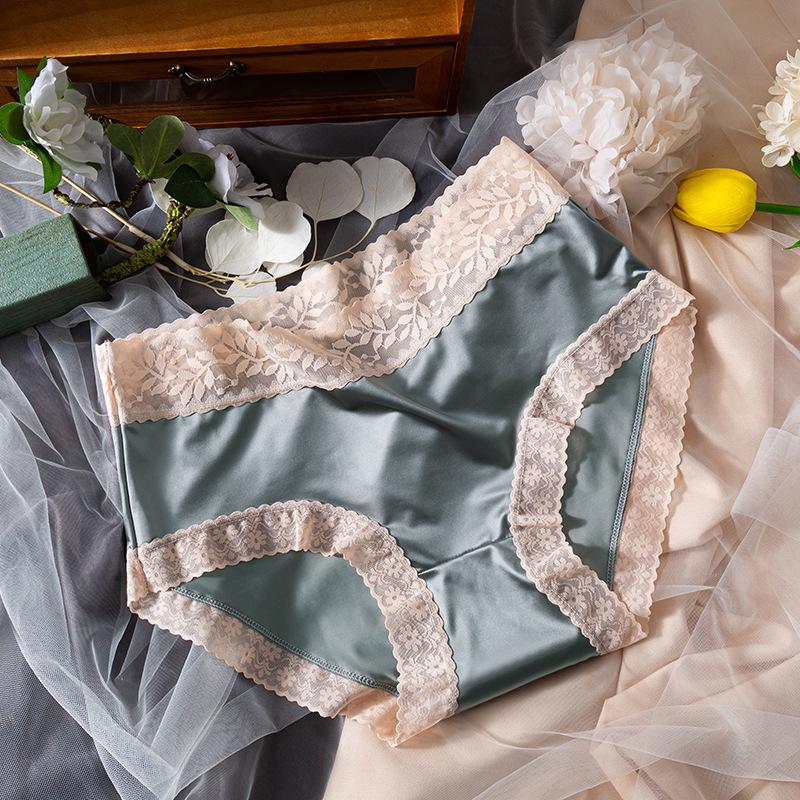 Ladies Spring and Summer Clash Color Lace Edge Naked Sense Without Trace Ice Silk High Waist Triangle Briefs