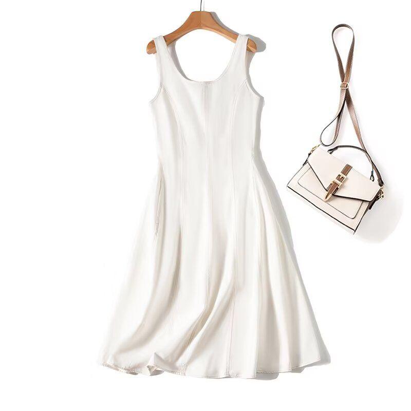 

MD Женская одежда Французский стиль Минималистичная мода Темперамент Белый Чистый хлопок Повседневное платье-слинг из денима 06654400251 White L