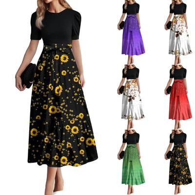 Women's Fashion Casual Belt Short Sleeve Round Neck  Stitching Elegant Temperament Dress