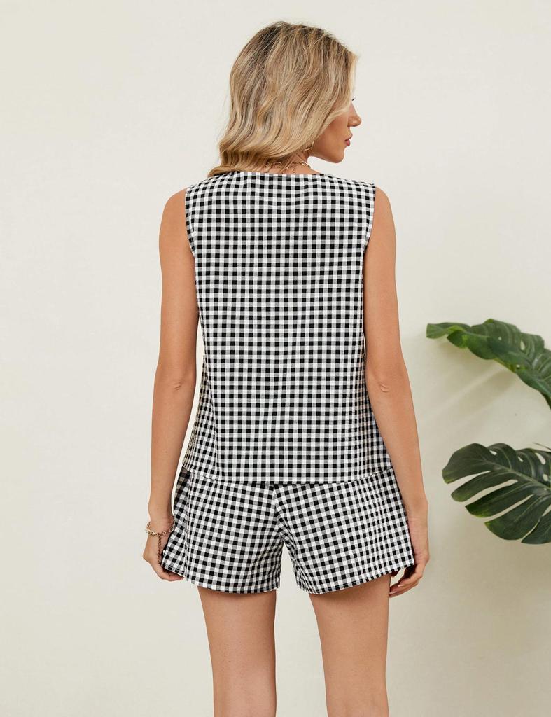 2025 Summer Women's Linen Plaid Two-Piece Short Set: European & American Vacation Style Vest Outfit