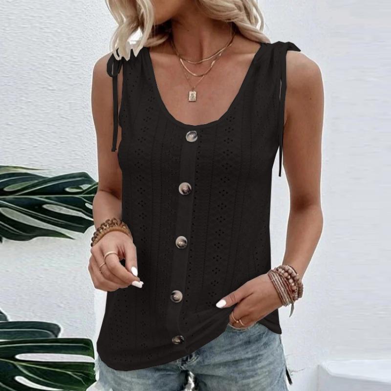 

U Neck Summer Women Hollow Out Tank Tops Sweet Solid Color Sleeveless Blouse Fashion Elegant Buttons Shirts Large Size Office Simple Casual Clothing S чёрный