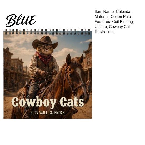 Vintage Style Cat Illustration 12 Calendar 12-Month Cowboy Wall Art 2027 Western Kitten Month Schedule