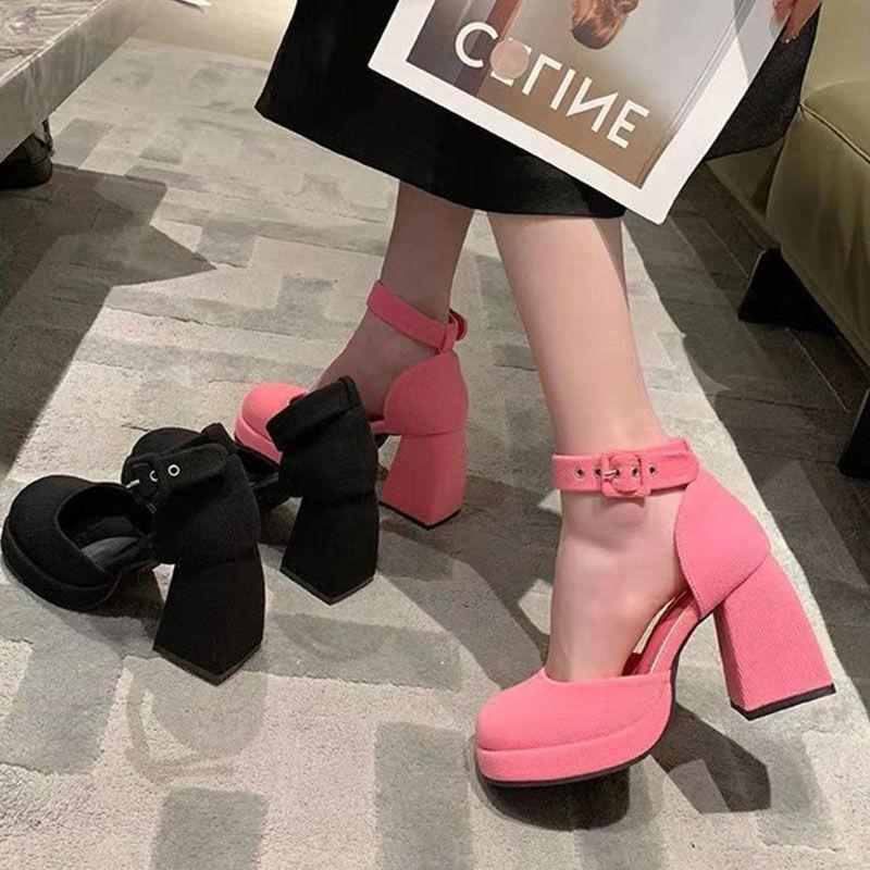 Small high heel thick heel Mary Jane shoes women's waterproof table hollow bag head sandals spring new pink